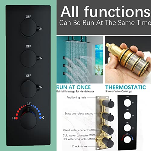 Enga Multi Shower Head System With Body Jets, 16X32 Inch Ceiling Shower Head Full Body Coverage Thermostatic Rain Shower System, Can Use All Functions At A Time (Volume Adjustable), Matte Black #TOP2