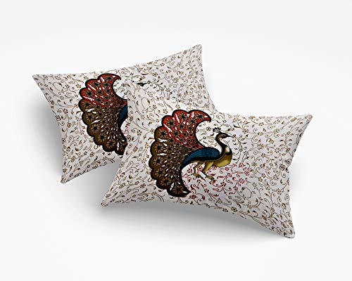 Image of Rajasthani Jaipuri Traditional Sanganeri Peacock Print 144 TC 100% Pure Cotton Double Size Bedsheet with 2 Pillow Covers (RED,White)