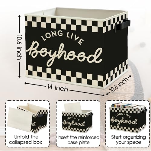 Image of Black and White Checkered Long Live Boyhood Boys Storage Bins Box with Handles, Collapsible Basket Organizer for Kids Boy Nursery Room Bedroom Bathroom Playroom Books Clothes