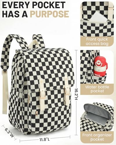 Image of Corduroy Laptop Backpack for Women, Fits 15.6 Inch Computer Bag, College High School Bookbag Travel Daypack Purse, Work Business Bags - Corduroy Checkered Black