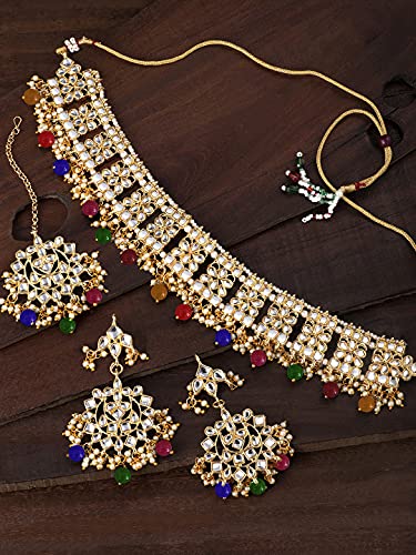 Image of Aheli Elegant Indian Faux Kundan Studded Choker Necklace with Maang Tikka Set Ethnic Wedding Wear Bharatanatyam jewellery set Gift for Women