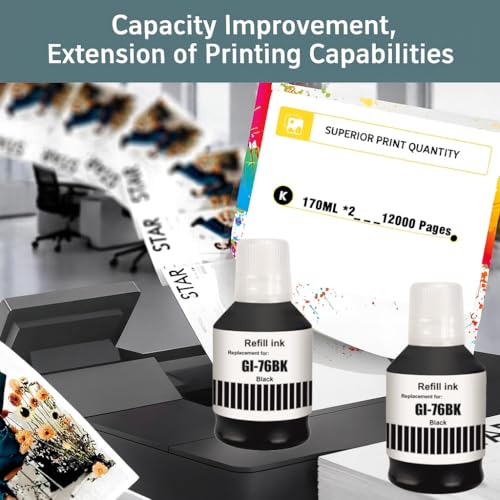 Image of KOSH GI-76 Ink Suitable Bulk Bottle Water Based Refill Ink for Canon MAXIFY GX5070,GX6070,GX7070 Printers 135ml Each Bottle (2, Black Pack of 2)