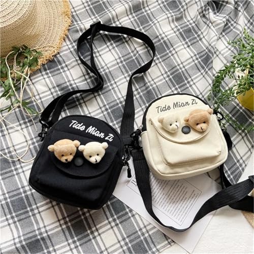 Fashionable Letter Canvas Phone Crossbody Bag With Cute Bear Pins, Stylish Student Harajuku Shoulder Bag For Women Daily Use2