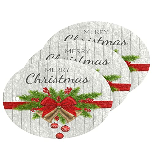 Image of Christmas Fir Tree Winter Red Bow Kitchen Sponges Xmas Ball Holly Berries Cleaning Dish Sponges Non-Scratch Natural Scrubber Sponge for Kitchen Bathroom Cars pack of 3