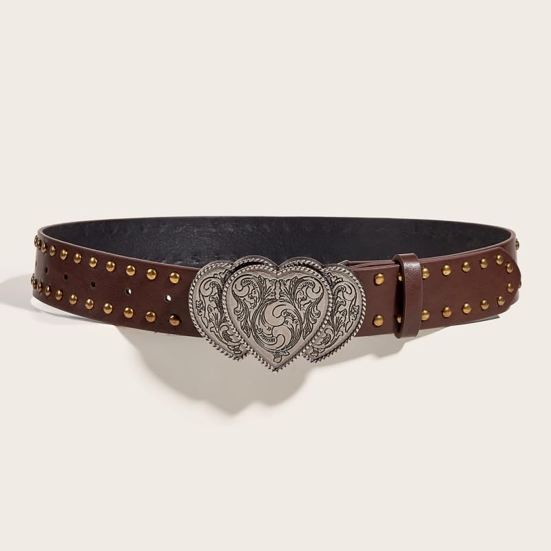 Women's Retro Belt Heart Love Shape Silver Buckle Waist Belts Punk Rivets Waistband Western Cowgirl Belt4