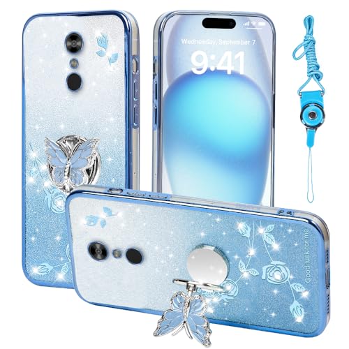 RTYQXK for LG Stylo 4 Phone Case,for LG Stylo 4 Plus Mobile Phone Case for Women and Girl, Glitter Butterfly Floral TPU Protective Cover with Kickstand+Strap for LG Q Stylo/Stylus 4 (Blue)