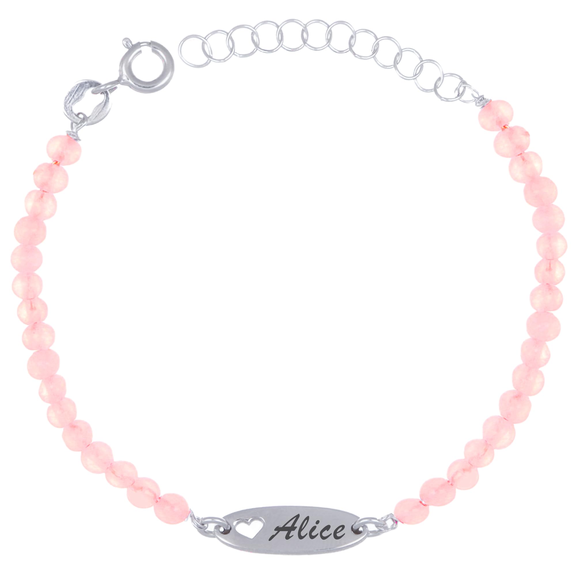 Sakrami Bracciale in Argento 925 + Perline di Quarzo Rosa Naturale + Piastrina Personalizzabile con Incisione Nome + Idea Regalo per Bambina per Battesimo, Comunione e Compleanno
