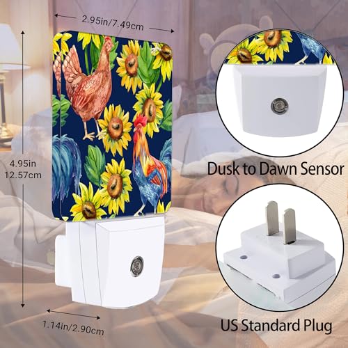 Image of Retro Hen Rooster Night Light, Sunflowers Plug into Wall with Dusk to Dawn Light Sensors, Warm Nightlights for Bedroom, Bathroom, Hallway, Kitchen, Gifts Ideal for Boys Girls Women Men