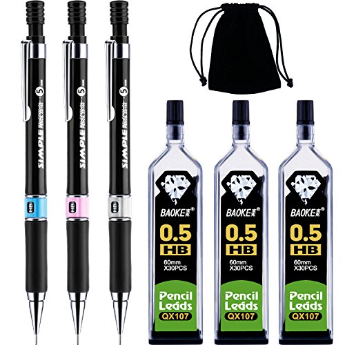Conjunto de lápis mecânico, 3 peças de lápis mecânicos e 90 peças de reposição de minhas com bolsa de veludo preta para escrita, desenho, sinal (0,5 mm)