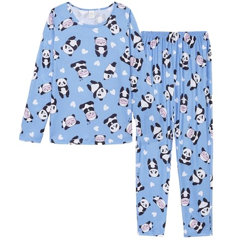 VENTELAN Women Pajamas Cute Christmas Bear Sleepwear Long Sleeve Stripes Loungewear Small Blue-panda