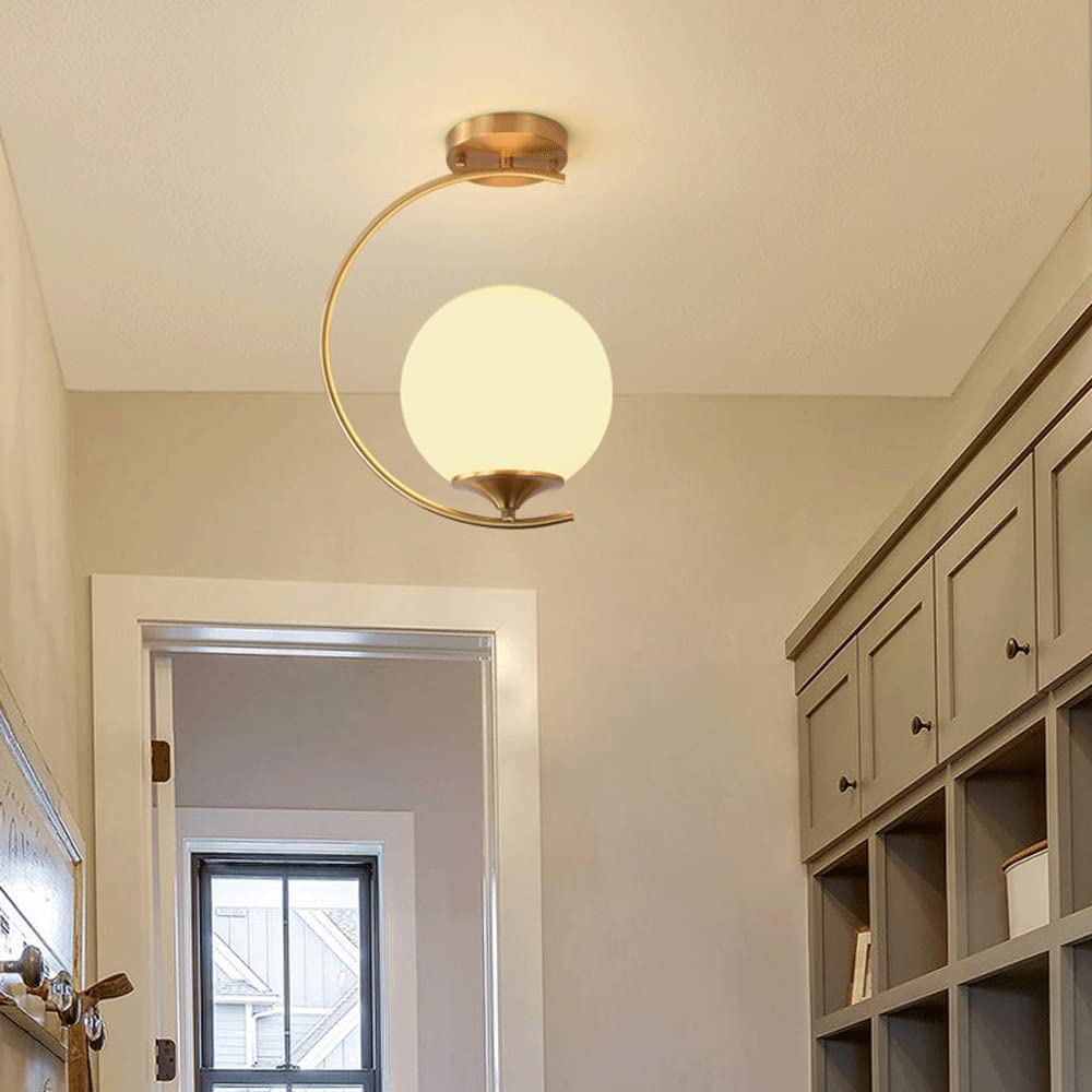 Nowoczesna półwpuszczana lampa sufitowa w kolorze złotym, z połowy wieku, montaż sufitowy ze szklanym abażurem, lampa sufitowa do korytarza, kuchni, sypialni