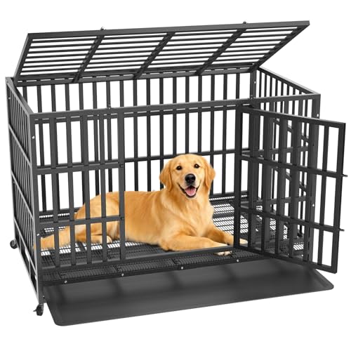 HIWOKK Heavy Duty Indestructible Dog Crate 48 Inch with Removable Tray, Sizes & Colors Optional, Escape Proof Double Door High Anxiety Cage Indoor, Kennel with Wheels for Large Dogs, XL XXL XXL
