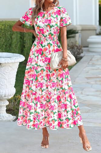 Image of PRETTYGARDEN Women's Casual Smocked Boho Floral A-Line Maxi Dress 2026 | Summer Short Flutter Sleeve Crewneck Tiered Long Sundress,Fall Wedding Guest Dresses,Spring Cute Flowy Beach Vacation Clothes