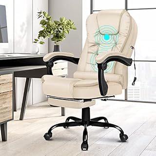 ELFORDSON Home Massage Office Chair with Footrest, PU leather Chair for Adults, Office Desk Chairs for Home Office, Cream