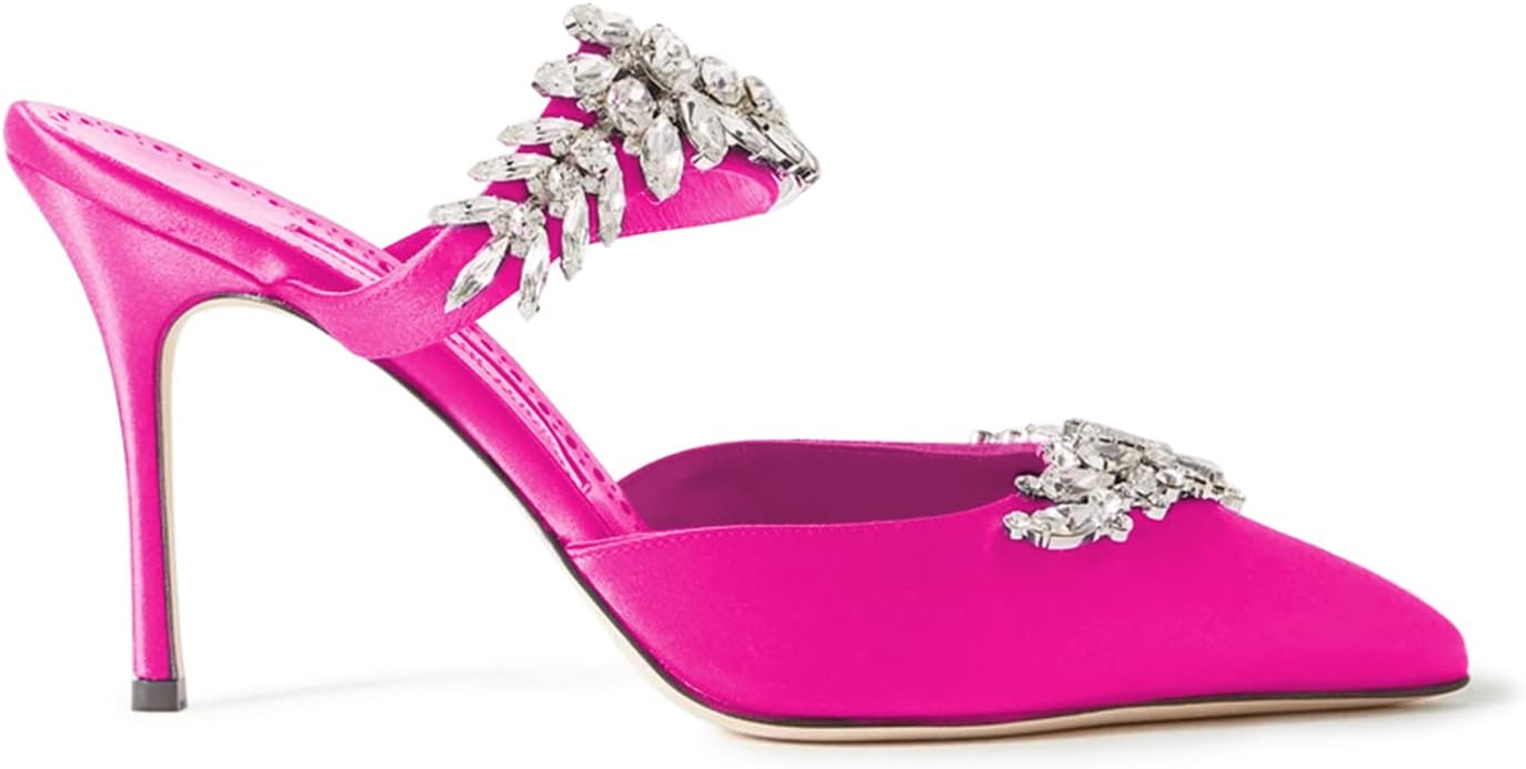 FOWT Women’s Studded Crystals Stiletto High Heel Slippers,Backless Slip On Makeup Party Pumps for Lady,Pointy Toe Satin Evening Dress Party Shoes