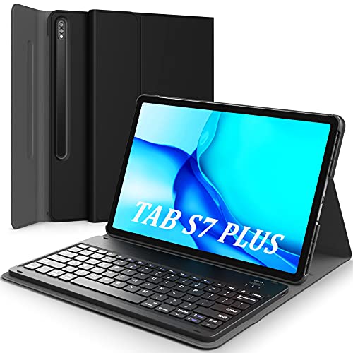 Galaxy Tab S7 Plus 12.4 inch 2022 Keyboard Case - Wireless Detachable Keyboard - PU Leather Stand Cover - Case with Keyboard for Samsung Galaxy Tab S7+ 12.4 2022 - SM-T970 T975 T976 T978, Black