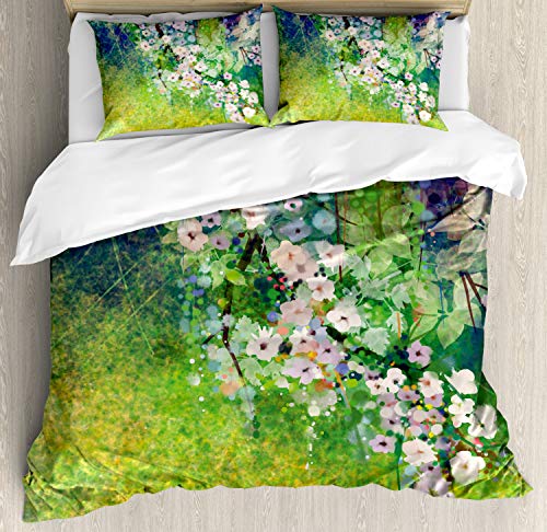 ABAKUHAUS Japonesas Funda Nórdica, Pintura de Campo de Hierba, Funda Nórdica de 3 Piezas Suave y Cálida 2 Fundas de Almohada, 264 x 220 cm - 90 x 50 cm, Rosa Verde