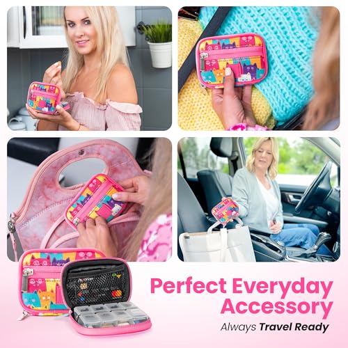 Image of Made Easy Kit Pill Case - Weekly Medicine Organizer with Removable Seven-Day Vitamin & Supplement Box - Premium Neoprene for Travel Purse Accessory (Colorful Cat)
