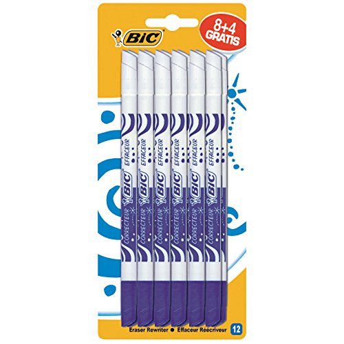 BIC Ink Eater Permanent Eraser Pens - Pack of 8 + 4 (11 Total) Distinctive Blue And White Design - Mini Eraser - Blue Colour