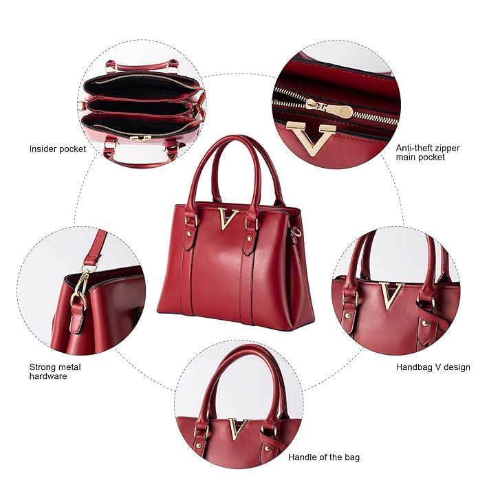 Image of Women's Handbag Tote Bag Premium PU Leather Shoulder Bag with Top Handle & Detachable Strap - Stylish Large Capacity Purse for Office, Casual & Party Use (MaroonV)