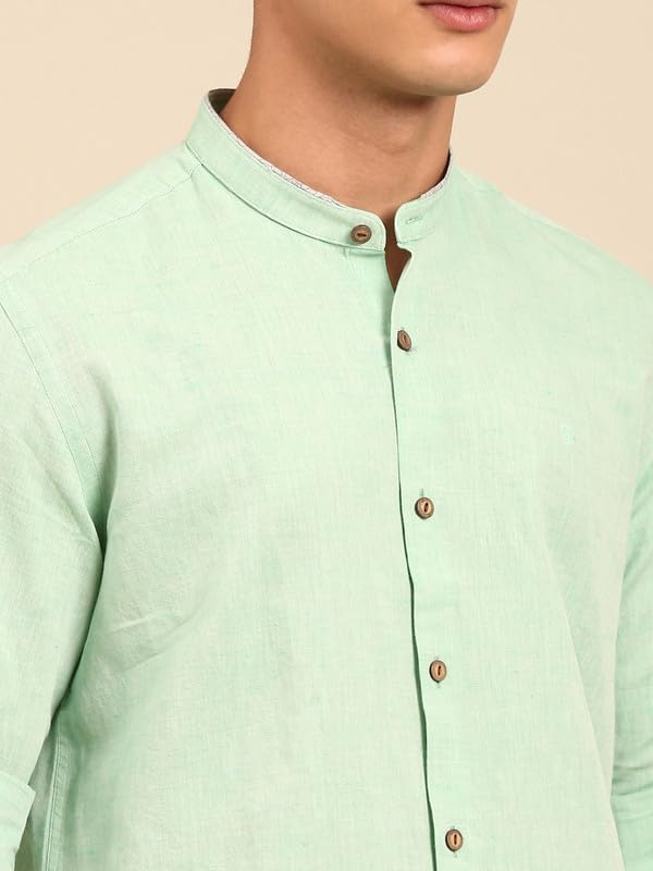 Image of Cavallo by Linen Club Men's Blended Linen Blue Solid Contemporary Fit Full Sleeve Casual Shirt