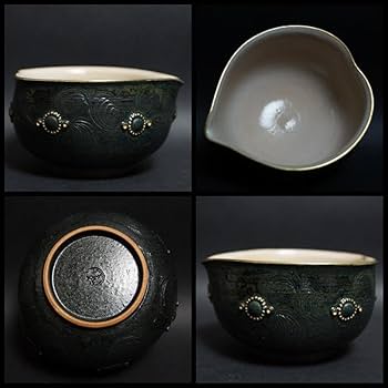 現代陶芸作家 宮里絵美造金彩鉄釉『瓔珞文』宝瓶 湯冷まし煎茶碗(五客) 化粧箱付 現代陶芸作家 宮里絵美造金彩鉄釉『瓔珞文』宝瓶 湯冷まし煎茶碗(
