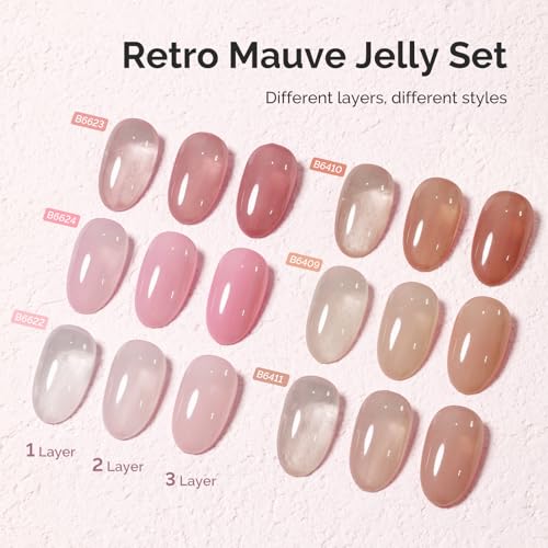 Image of MelodySusie Jelly Gel Nail Polish Set,6 Transparent Colors,Milky or Jelly Texture,Pink and Nude Versatile Colors Soak Off UV LED Light Cure or Salon Manicure and Nail Art DIY at Home