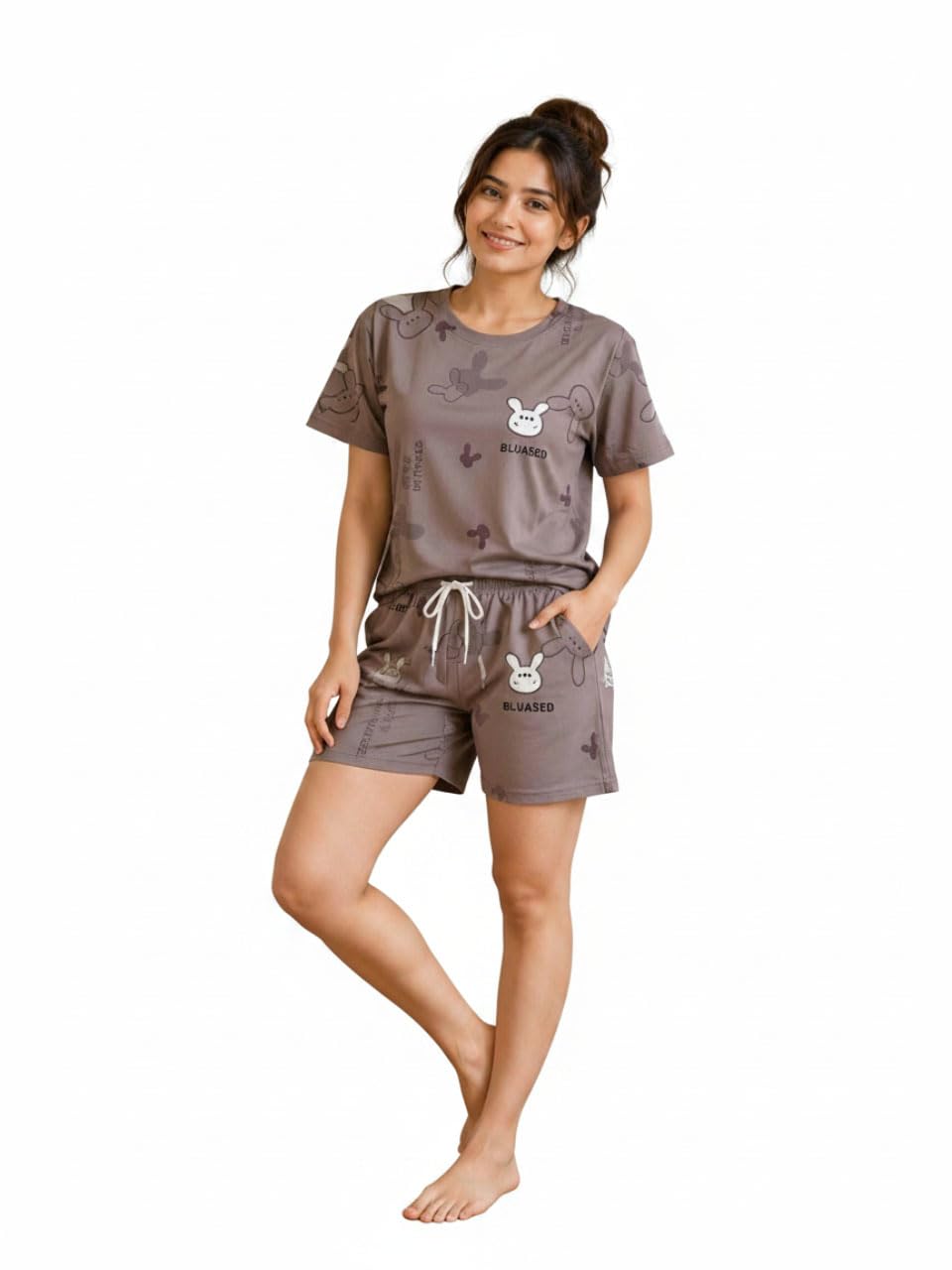 BLUASED Women's Printed T-Shirt and Shorts Set, Brown, Casual Loungewear, Rabbit Print-picture-27
