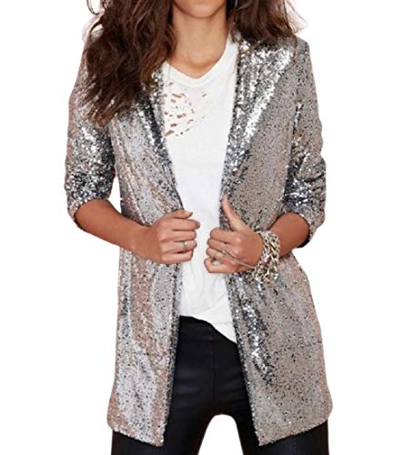Womens Sequin Jacket Sparkle Open Front Cardigan Blazer Casual Long Sleeve Coats Silver L