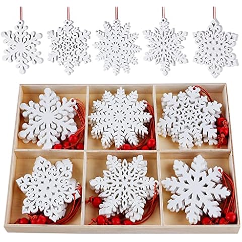 HOUISM Wooden Christmas Ornaments White, 24PCS Christmas Hanging Snowflake Ornaments for Crafting, Wooden Baubles for Kids DIY Craft, Unifinishied Wooden Craft to Paint for Xmas Tree Pendants Cover