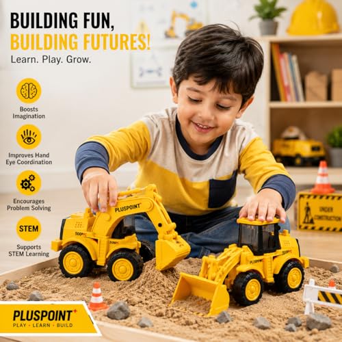 Image of PLUSPOINT Construction Excavator & Bulldozer Toy Vehicles Set for Kids | Friction Powered Push & Go Construction Trucks | Pretend Play Building Vehicle Toys for Boys & Girls Age 3+