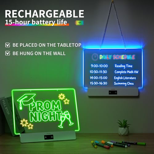 Image of Rechargeable LED Drawing Board, 16.6 Inches Lumiboard, 8 Colors & 3 Modes, LED Note Board with Build in Stand, Includes 7 Markers & 1 Hanging Chain, Great Gift for Children-Easter Gifts