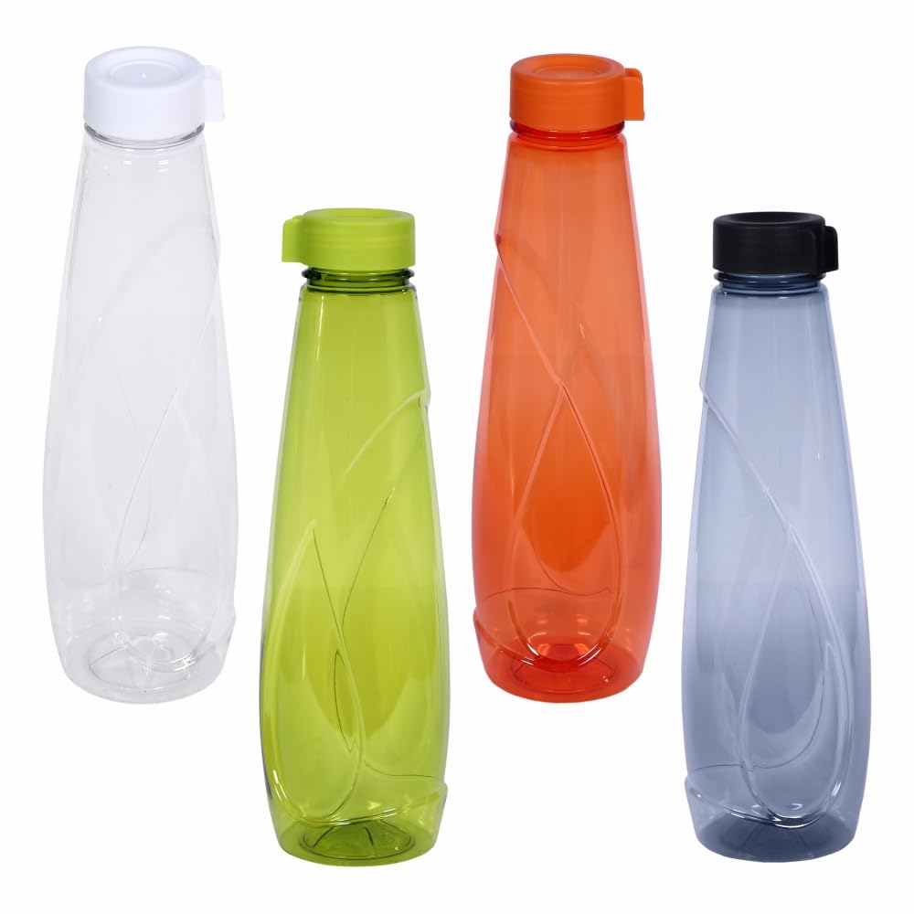 JMS we create smile 950ML Plastic Coloured Transparent Water Bottles - Juice Bottles BPA Free & Leakproof - Reusable With Screw Cap Lid For Sports School Home (6 Pieces, Random)
