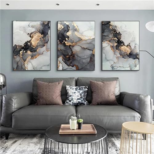Décoration esthétique murale lot de 3 tableaux abstraits marbre noir et or avec cadre inclus