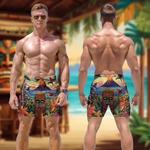 Tiki Men's Swim Trunks - Tropical Summer Mens Swim Trunks with Mesh Lining Swimwear Bathing Suits Set 723