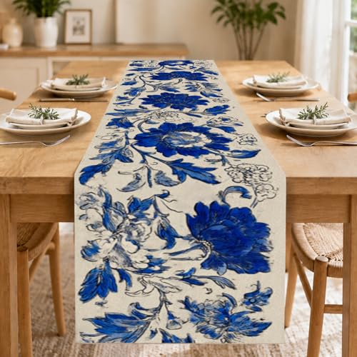 Image of Nuxovilar Hand Drawn Floral Table Runner Flax 13x72 in | Holiday Runner Linen Placemats Dining Accessories Set Afternoon Tea Home Decor (Blue Floral Hand Drawn)