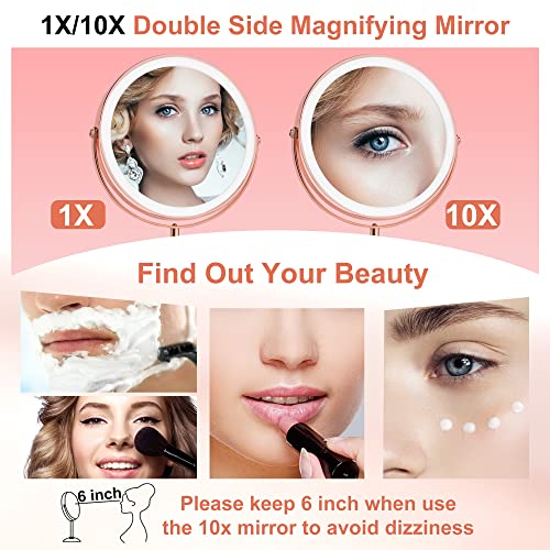 Height Adjustable Lighted Makeup Mirror, Magnifying Mirror With Long Battery Life,10X Rechargeable Vanity Mirror With 3 Color Lights,Light Up Mirror With Magnification Cosmetic Mirror,Rose Gold #TOP4