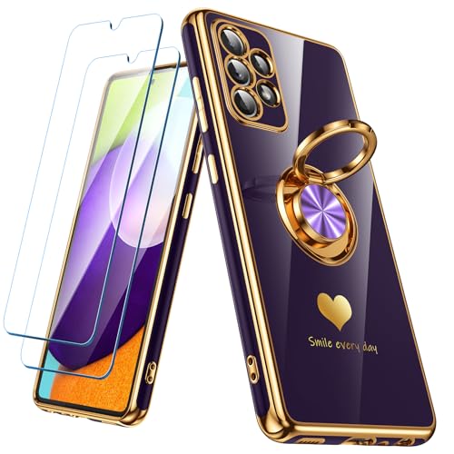 Nonional for Samsung Galaxy A52s 5G/A52 Case with 2 Pack Screen Protector 360 Rotatable Ring Holder [Luxury Hearts Pattern] Plating Gold Edge Slim Soft Phone Cover Case for Galaxy A52 - Purple