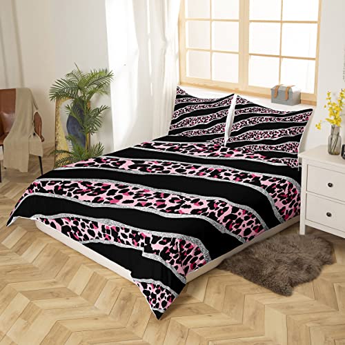 Erosebridal Leopard Print Bed Sets Pink Cheetah Duvet Cover, Animal Print Bedding Set King Geometry Stripe Comforter Cover With Zipper Closure, Grey Sequins Bed Cover For Girls Women, Microfiber 3Pcs #TOP2