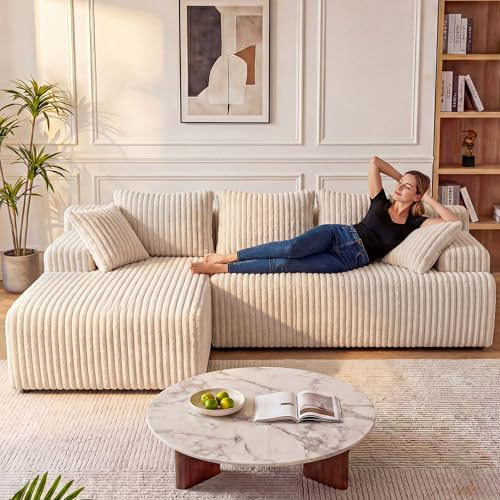 Image of LAUSAINT HOME 96 inch Modular Sectional Sofa Couches, L-Shaped Boneless Cloud Sofa with 3 Deep Seat, 5 Cushiones Oversized Chaise for Living Room, Bedroom, Plush Corduroy Fabric (Left, Beige)