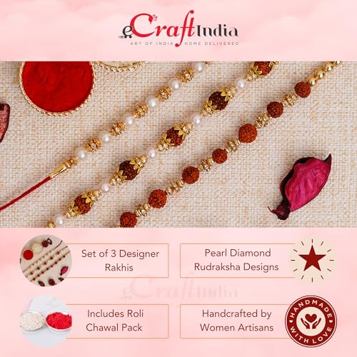 Image of eCraftIndia Set of 3 Pearl Diamond Rudraksha Designer Rakhis for Brother Bhaiya Bhai | Roli Chawal Pack | Raksha Bandhan Rakhi