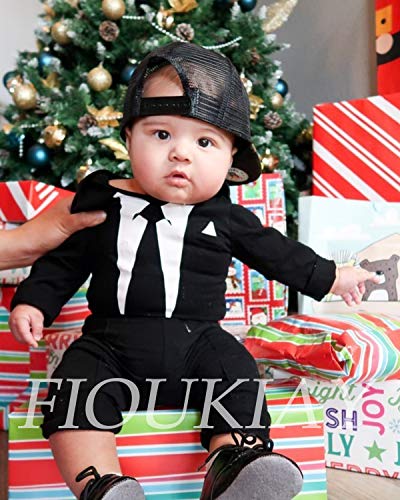 fioukiay Newborn Baby Boy's-Blazer-Tuxedo-Suits-Clothes 2pcs Long Sleeve Cotton Bodysuit and Pants Tie Gentleman Outfits Set3