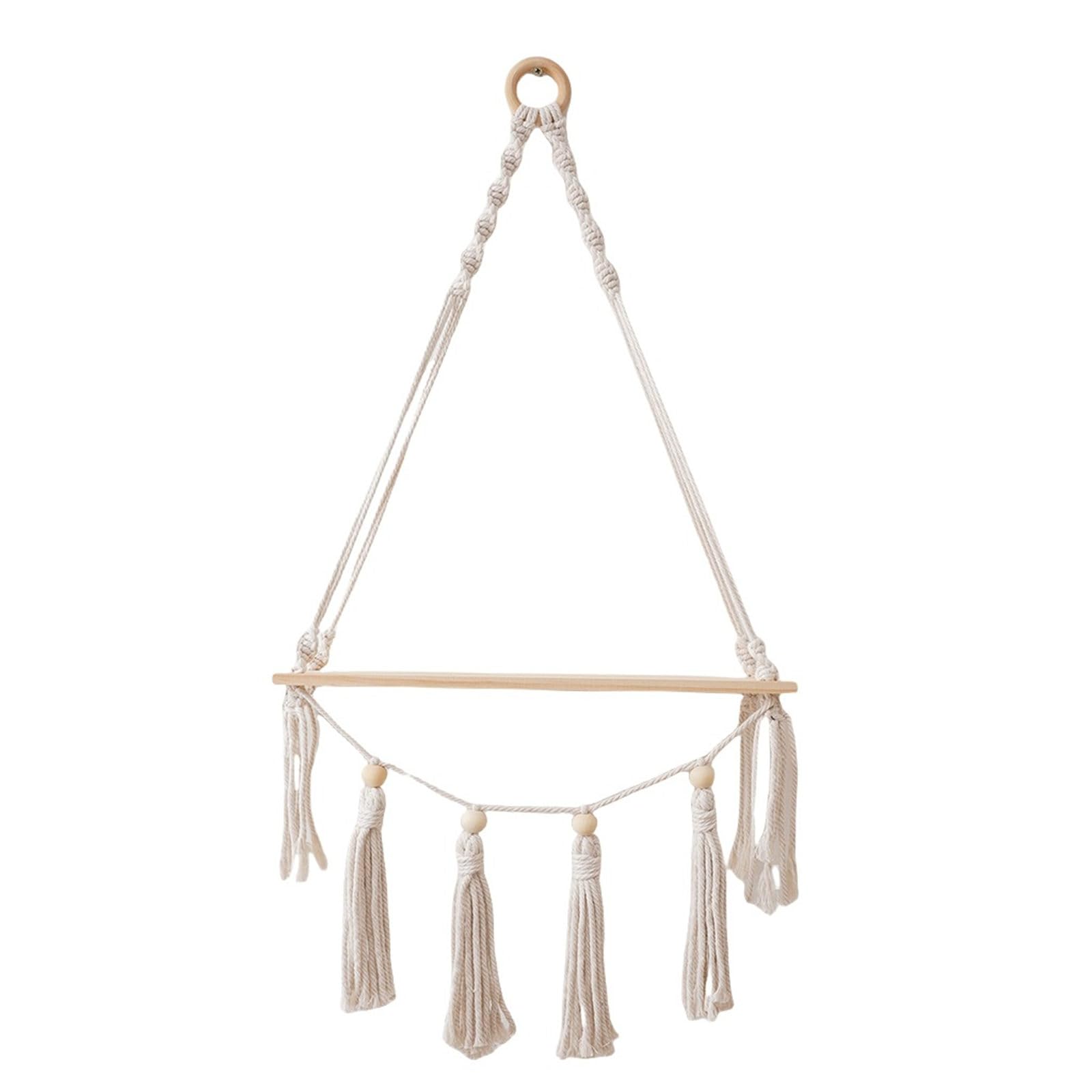 Kalttoy White Floating Shelf Bohemians Handwoven Wall Mounted Plant Holder Wood Storage Rack With Tassels For Home Decorations Storage Solution