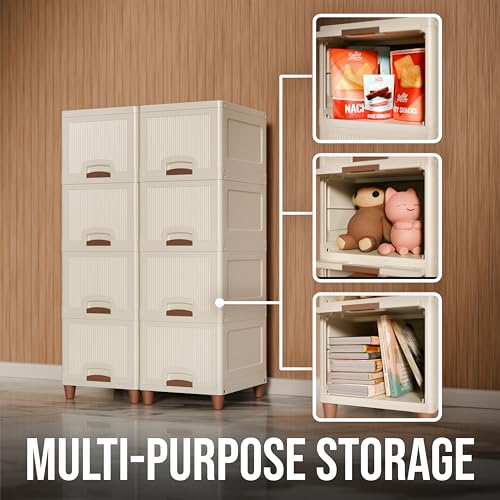 Image of Amazon Basics Multi-Purpose Organizer | Modular Storage Box for Clothes, Kitchen, Bedroom & Living Room | Stackable Rack, Space-Saving Wardrobe Cabinet (Off White), 8 Piece