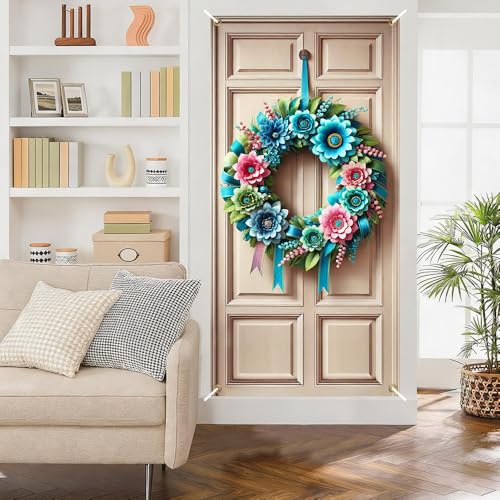 Image of Teal Pink Floral Ring Door Cover 35x71in Spring Bloom