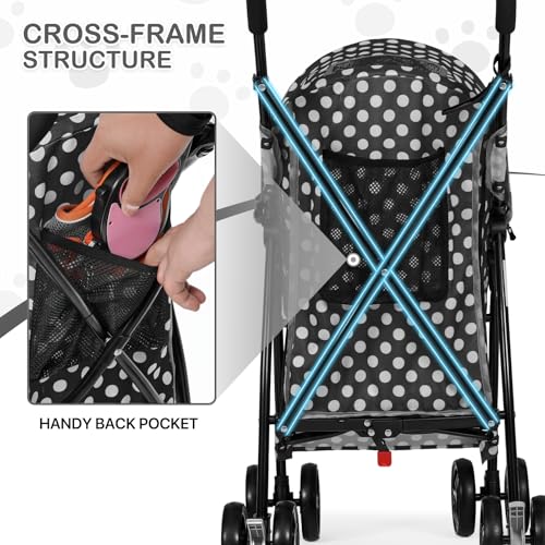 Image of MoNiBloom 4 Wheels Pet Stroller, Easy-Fold Umbrella Shaped Dog Cat Jogger Stroller w /Storage Bag & Visible Mesh for Small /Medium Dogs Cats Black Polka Dots