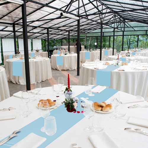 Image of 12Pack 12x108 Inch Satin Table Runner and 84 Inch Round Plastic Tablecloths White Light Blue Disposable Round Table Cover for Graduation Wedding Bridal Shower Anniversary Birthday Party Decorations