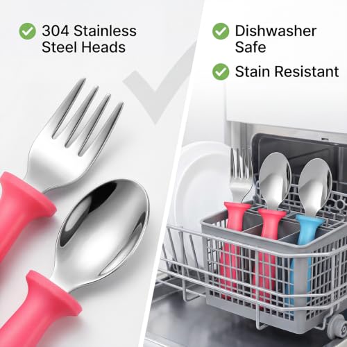 Image of Pimoys 6 Pieces Toddler Utensils Forks and Spoons Kids Silverware Set Stainless Steel Toddler Silverware - Plastic Handle for Self-Feeding Training Daily Meals and Travel Use Dishwasher Safe