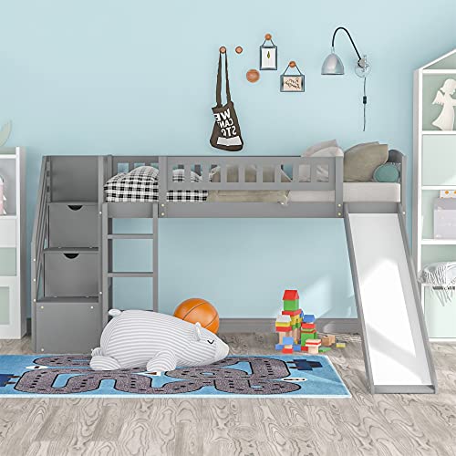 Harper & Bright Designs Twin Size Loft Beds with Slide and Stair, Solid Wood Low Loft Bed with Storage Drawers and Guardrails for Kids Teens Bedroom, Guest Room Furniture (Twin, Gray)