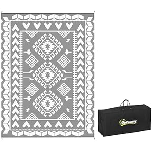 Outsunny Reversible Outdoor RV Rug with Carry Bag, 9′ x 12′ Patio Floor Mat, Plastic Straw Rug for Backyard, Deck, Picnic, Beach, Camping, Rhombus Patchwork, Grey and White